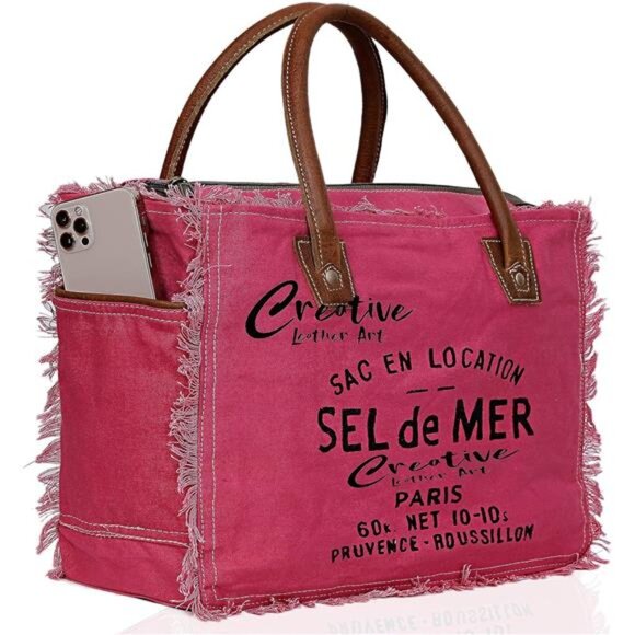 Upcycled Canvas Hand Bag Upcycled Canvas & Cowhide Tote Bag, Upcycled Canvas - Picture 2 of 7